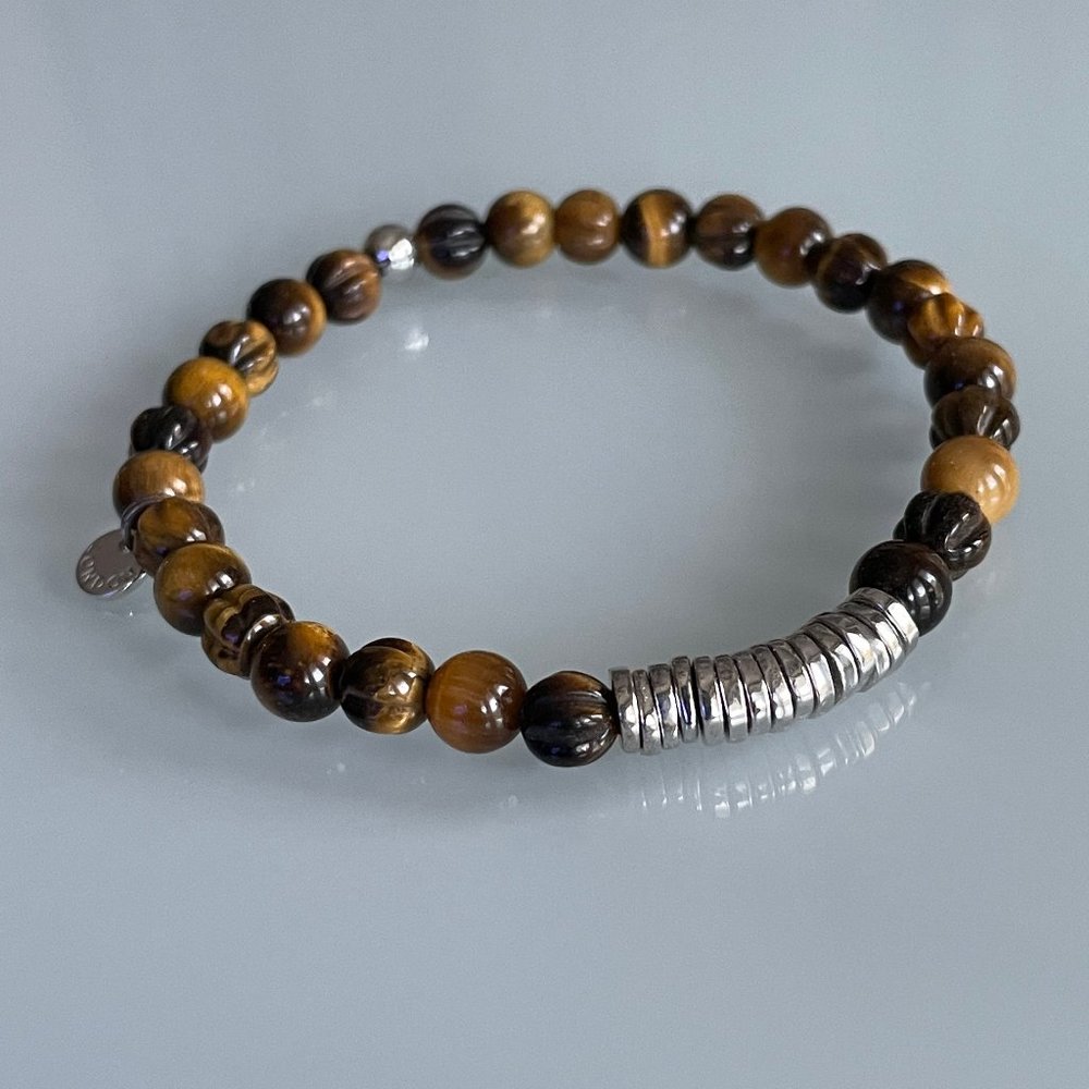 Tateossian Tiger Eye Bracelet with Sterling Silver Discs - Size Small (16cm)